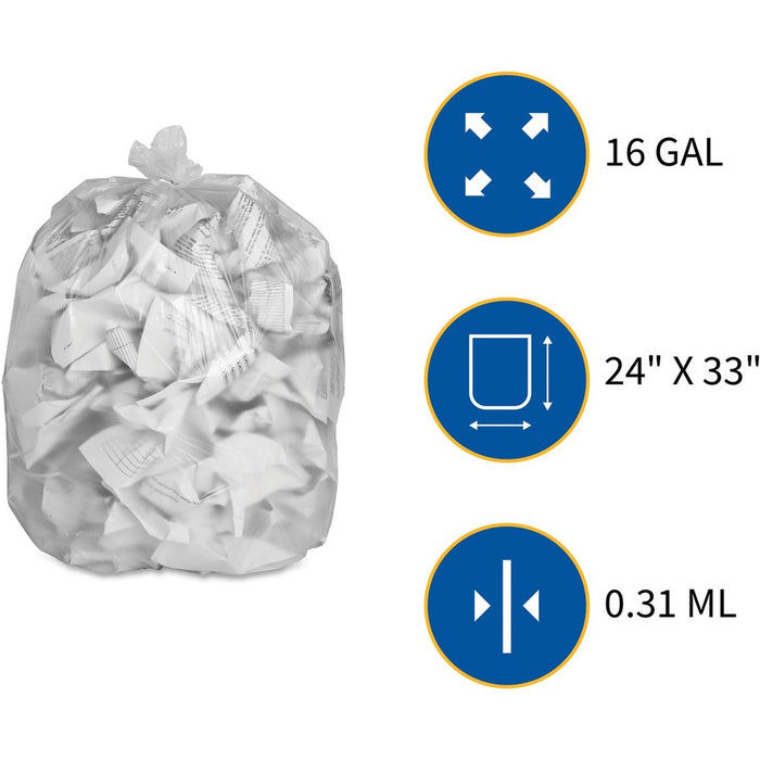 Genuine Joe High-Density Can Liners Small Size - 16 Gal Capacity - 24" Width X 32" Length - 0.31 Mil (8 Micron) Thickness - High Density - Clear - Resin - 20/Carton - 50 Per Roll - Office Waste, Industrial Trash