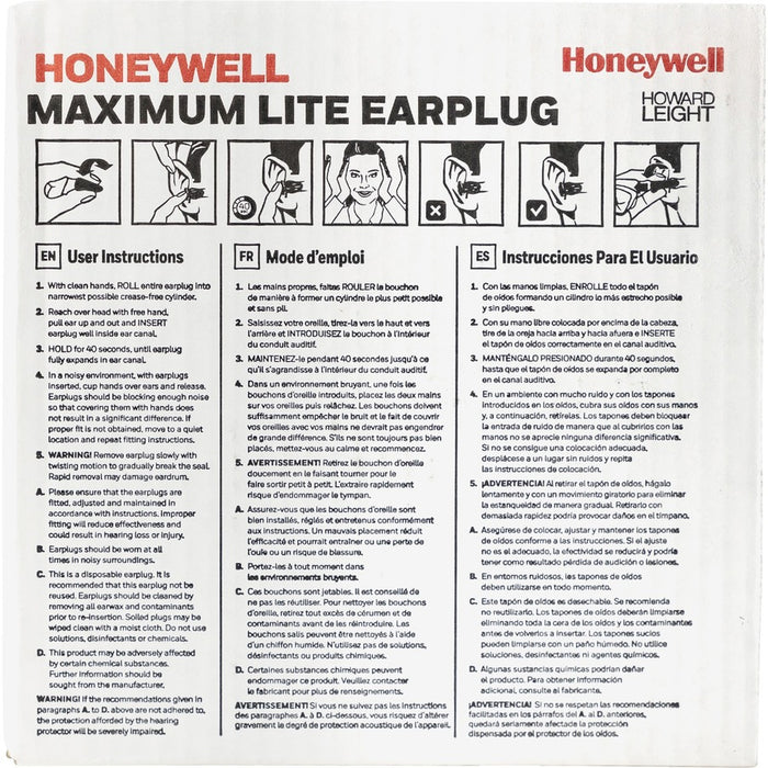 Howard Leight® by Honeywell MAXIMUM Lite Single-Use Earplugs, Corded, 30NRR, Green, 100 Pairs