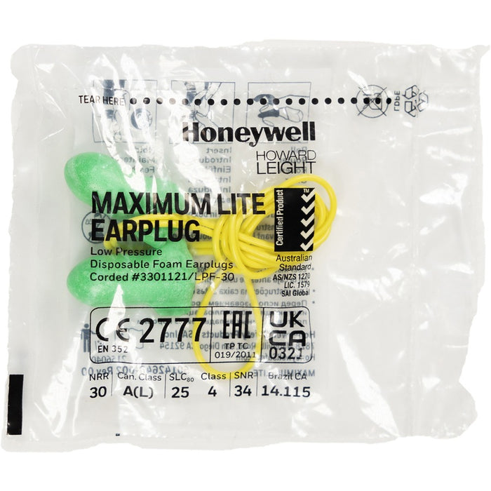 Howard Leight® by Honeywell MAXIMUM Lite Single-Use Earplugs, Corded, 30NRR, Green, 100 Pairs