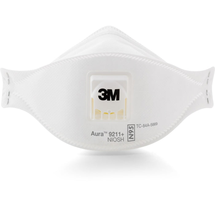 3M™ Aura Particulate Respirator Comfortable, Adjustable Nose Clip, Disposable, Lightweight, Exhalation Valve, Collapse Resistant - Particulate, Dust, Fog Protection - White - 10 / Box