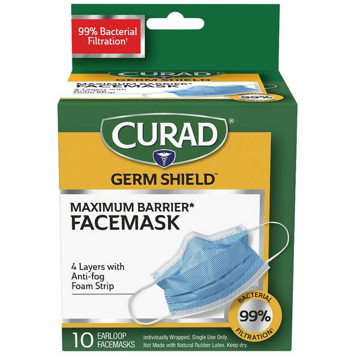 Curad Medical-Grade FaceMasks Recommended For: Healthcare - Comfortable, Breathable, Adjustable Nose Guard, Fluid Resistant, Earloop Style Mask - Fog, Fluid, Bacteria, Pollen, Dust Protection - White - 10 / Box