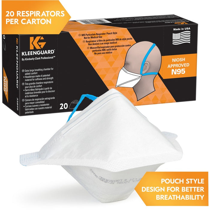 KleenGuard™N95 Pouch Respirator Recommended For: Face - Comfortable, Breathable, Adjustable Nose-Piece, Lightweight, Foldable, Head Strap, Particle Filtration Efficiency (PFE) - Regular Size - White, Blue - 12 / Carton