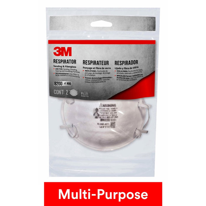 3M™N95 Particle Respirator 8200 Mask Disposable, Lightweight, Stretchable, Adjustable Nose Clip - Airborne Particle, Mold, Dust, Granular Pesticide, Allergen Protection - White - 2 / Pack