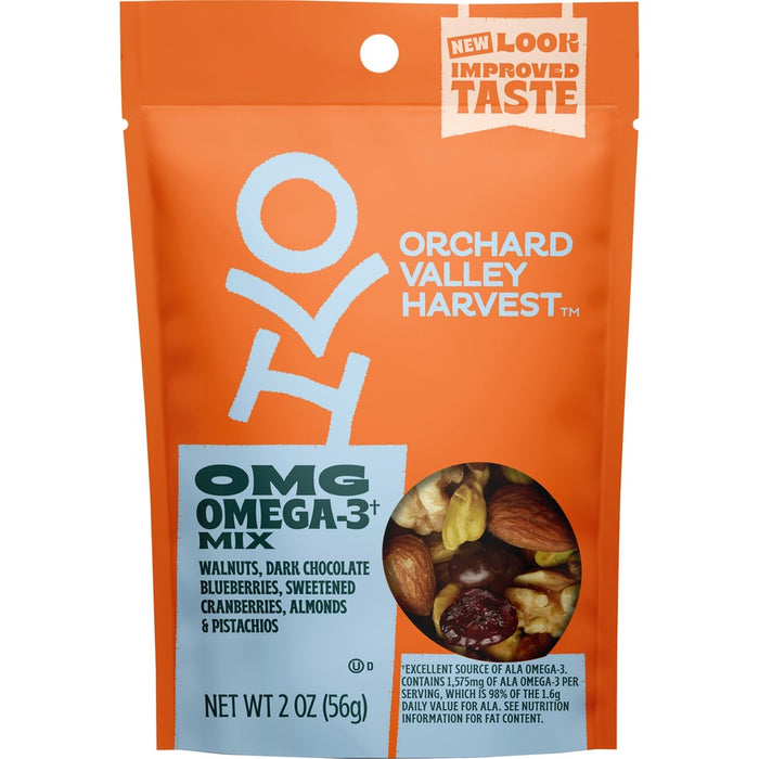 Orchard Valley Harvest OMG Omega-3 Mix Gluten-Free, No Artificial Color, No Artificial Flavor, Preservative-Free, Resealable Bag - Crunch, Walnut, Dried Cranberries, Pistachio, Almond - 1 Serving Bag - 2 Oz - 14 / Carton