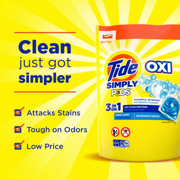 Tide Simply PODS + Oxi Liquid Laundry Detergent Pacs 30 Oz, Refreshing Breeze, Container Of 55 Pacs