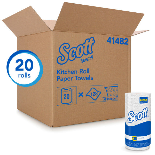 Scott® Kitchen Paper Towels with Fast-Drying Absorbency Pockets®, 1-Ply, 80% Recycled, 128 Sheets Per Roll, Pack Of 20 Perforated Standard Paper Towel Rolls