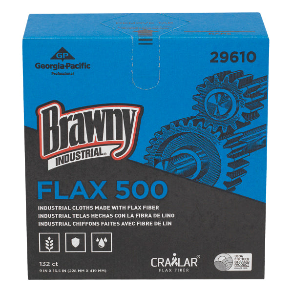 Brawny Industrial® By GP PRO FLAX 500 Light-Duty Cloths Unscented, 9" X 16 1/2", White, 132 Sheets Per Box, Pack Of 10