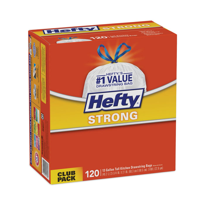 Hefty® Strong Tall Kitchen Drawstring Bags, 13 gal, 0.9 mil, 23.75" x 27", White, 90 Bags/Box,