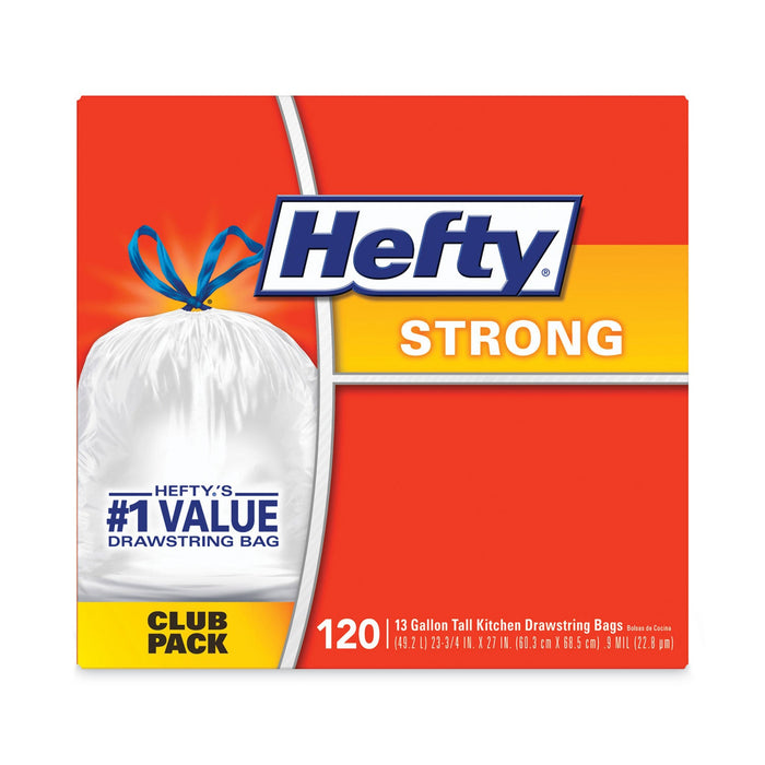 Hefty® Strong Tall Kitchen Drawstring Bags, 13 gal, 0.9 mil, 23.75" x 27", White, 90 Bags/Box,