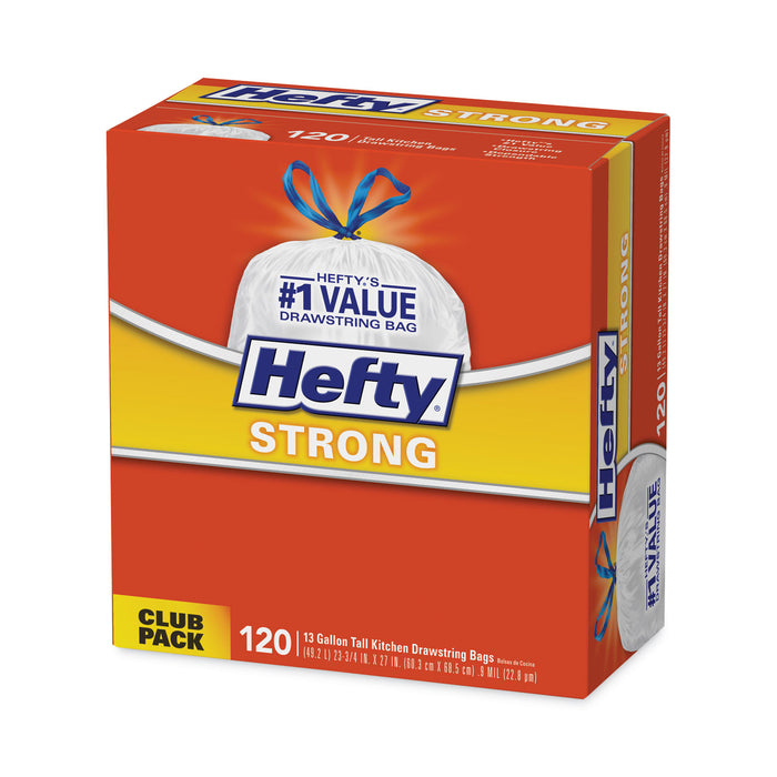 Hefty® Strong Tall Kitchen Drawstring Bags, 13 gal, 0.9 mil, 23.75" x 27", White, 90 Bags/Box, 3 Boxes/Carton