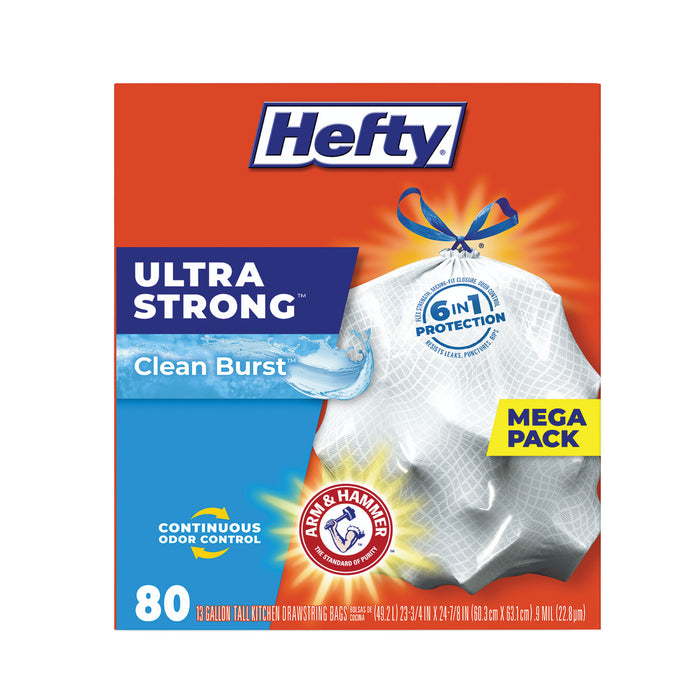 Hefty® Ultra Strong Scented Tall White Kitchen Bags, 13 gal, 0.9 mil, 24.75" x 24.88", White, 80 Bags/Box, 3 Boxes/Carton