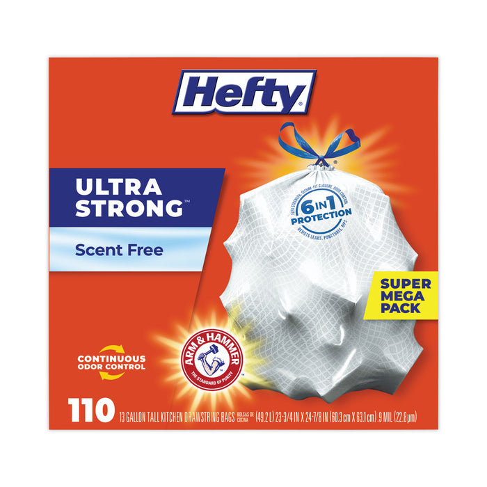 Hefty® Ultra Strong Tall Kitchen and Trash Bags, 13 gal, 0.9 mil, 23.75" x 24.88", White, 110 Bags/Box, 3 Boxes/Carton