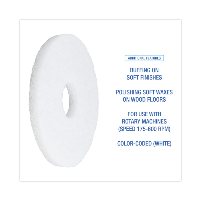 Polishing Floor Pads, 12" Diameter, White, 5/Carton