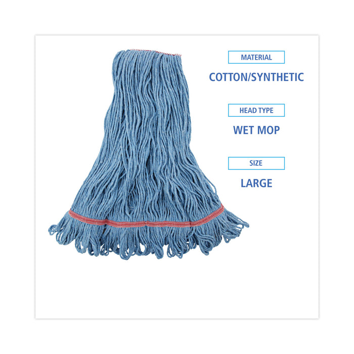 Boardwalk® Super Loop Wet Mop Head, Cotton/Synthetic Fiber, 1" Headband, Large Size, Blue, 12/Carton