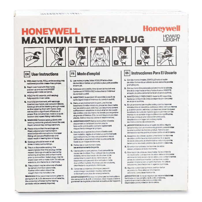 Howard Leight® by Honeywell MAXIMUM Lite Single-Use Earplugs, Cordless, 30NRR, Green, 200 Pairs