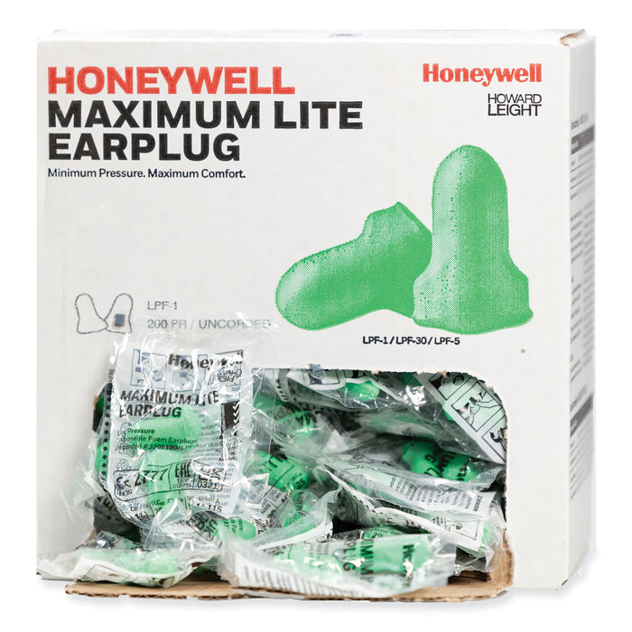 Howard Leight® by Honeywell MAXIMUM Lite Single-Use Earplugs, Cordless, 30NRR, Green, 200 Pairs