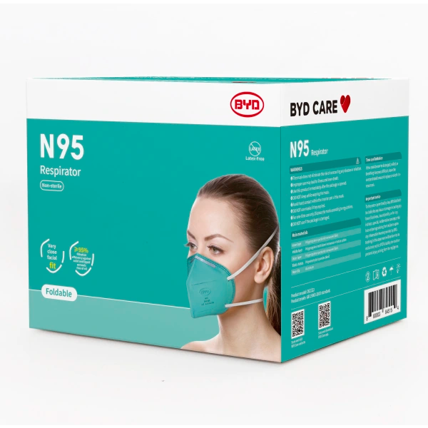 BYD Care Non-Medical Disposable N95 Respirator Face Masks Adult Size, Teal, Box Of 20