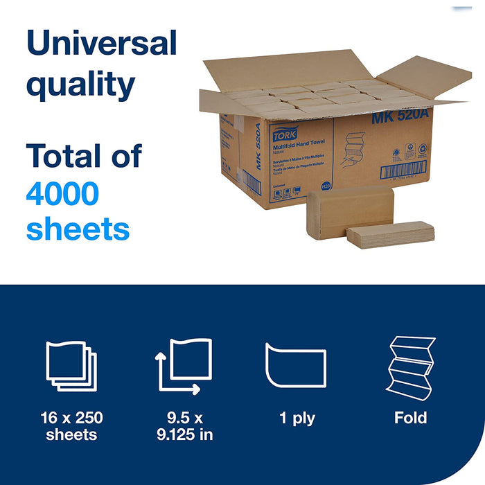 Tork Multifold Hand Towel Natural H2, Universal, 100% Recycled Fibers, 16 X 250 Sheets, MK520A