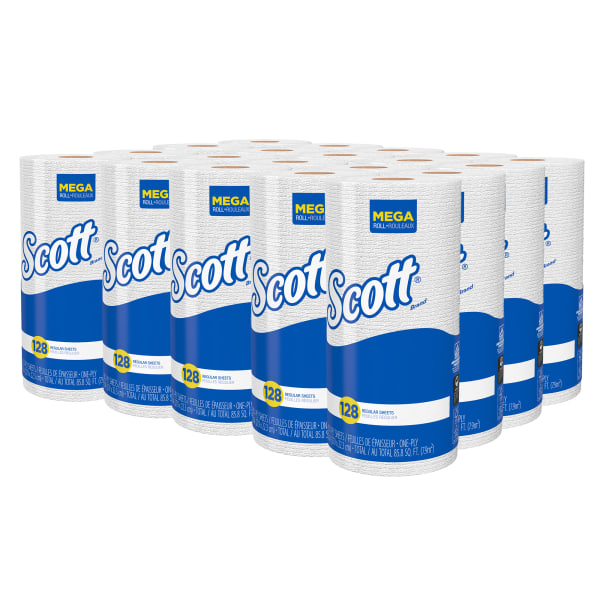 Scott® Kitchen Paper Towels with Fast-Drying Absorbency Pockets®, 1-Ply, 80% Recycled, 128 Sheets Per Roll, Pack Of 20 Perforated Standard Paper Towel Rolls