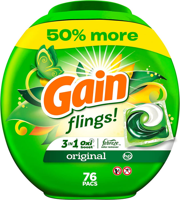 Gain Flings Laundry Detergent Soap Pacs HE Compatible 76 Count Long Lasting Scent Original Scent