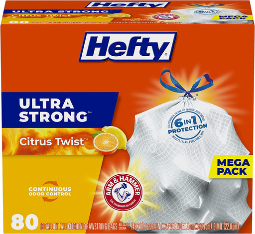 Hefty Ultra Strong Tall Kitchen Trash Bags, 13 Gallon Citrus Twist Scent, 80 Count (Pack of 1), White